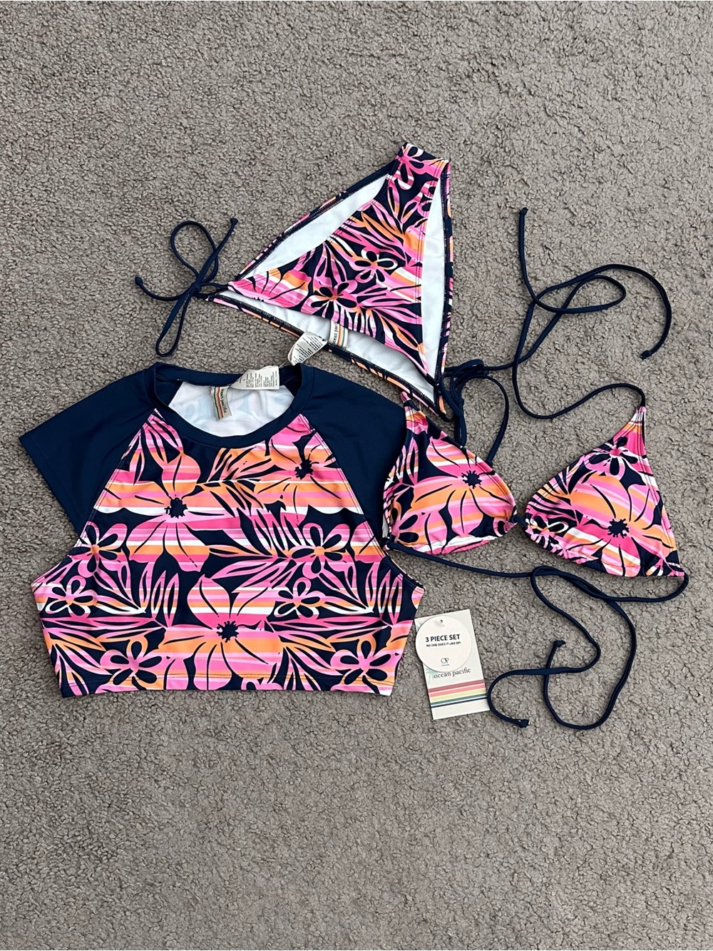 OP Ocean Pacific Navy Multi Floral 3-Piece Bikini Set Womens Juniors L